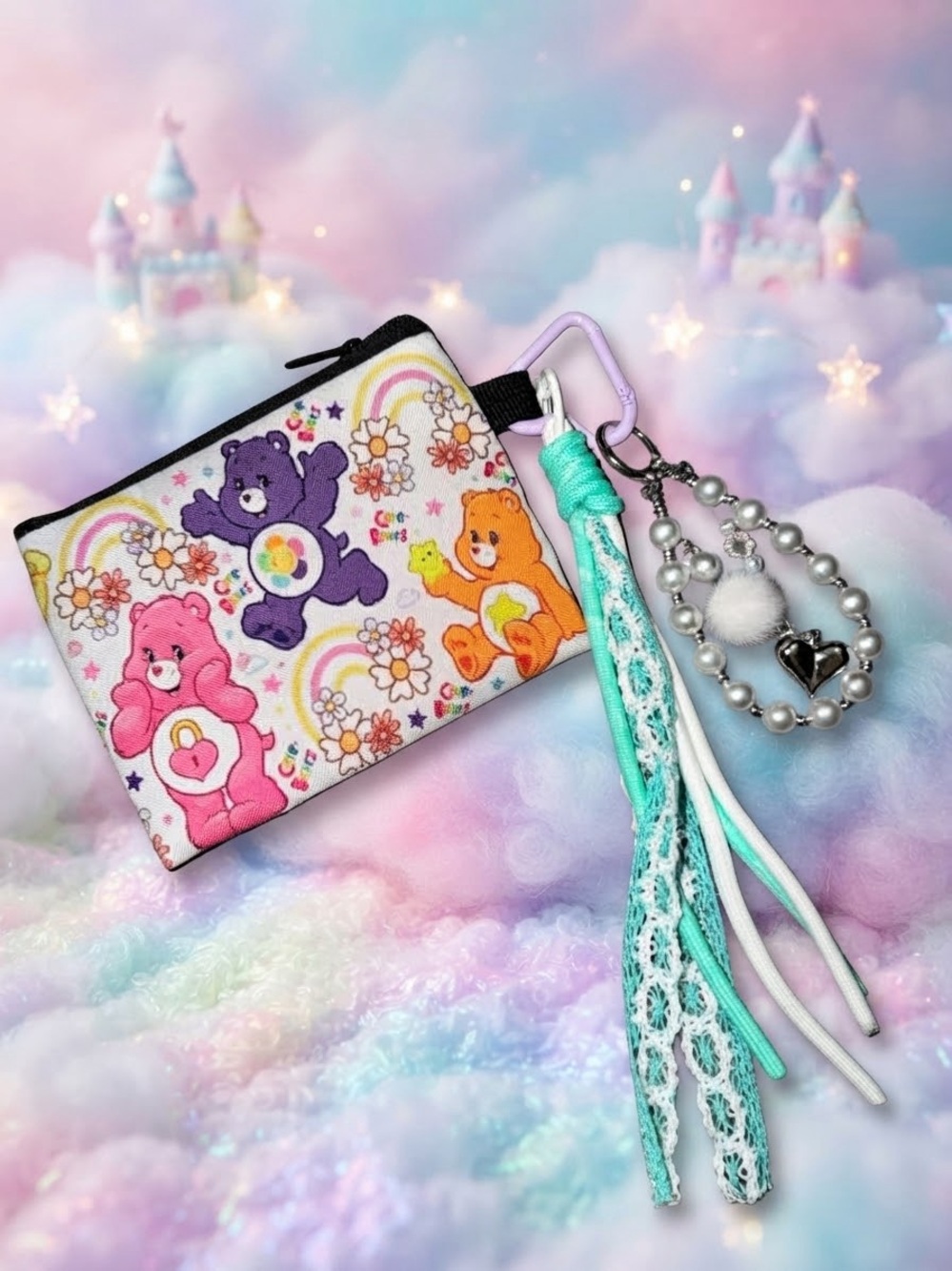 Care Bears White Coin Purse with Multicolor Bears & Teal Tassel Charm